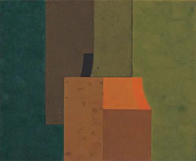 Pintura abstrata com formas geométricas variadas.