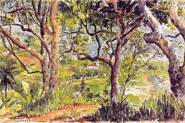 Pintura rural com casa branca, árvores verdes e figura humana descansando.