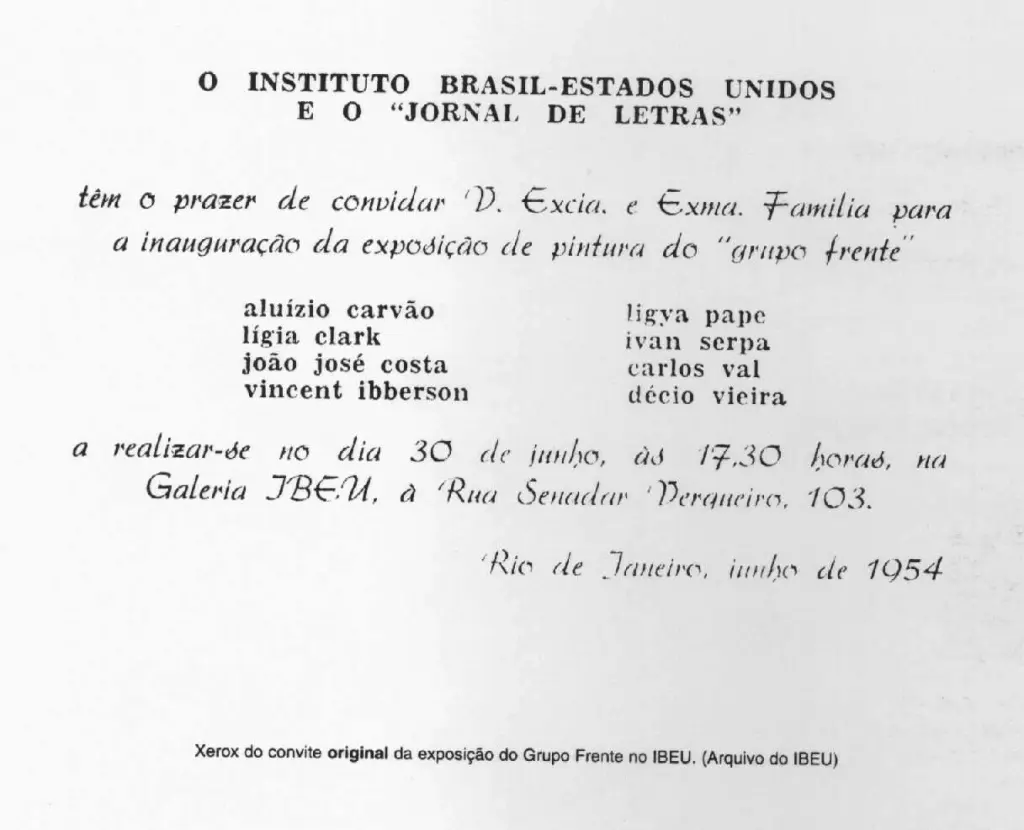 Convite para exposição de pintura do Grupo Frente, em preto e branco.