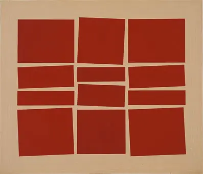 Quadro com retângulos vermelhos sobre fundo bege claro.