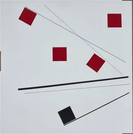 Pintura abstrata com formas geométricas vermelhas e pretas.