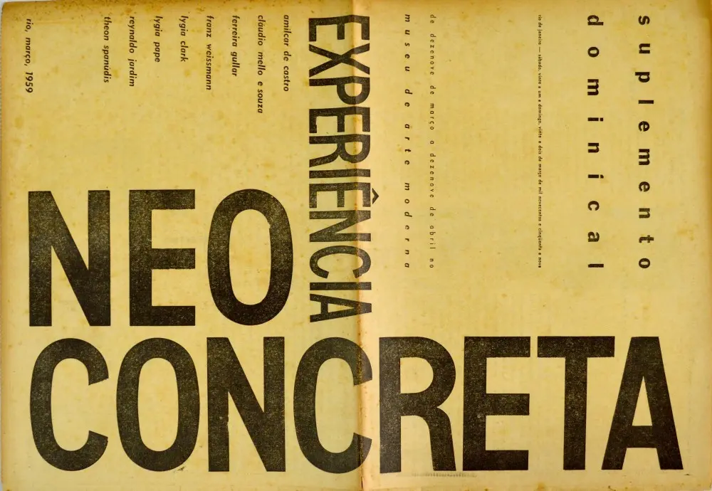 Suplemento dominical em preto e branco, listagem alfabética de nomes e título central "NEO EXPERIÊNCIA CONCRETA".