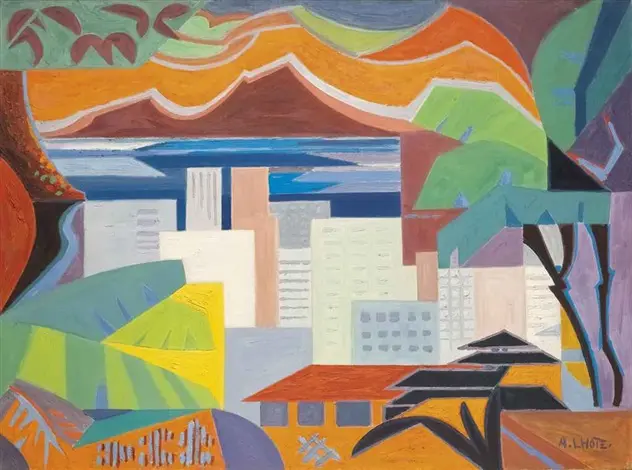 Pintura abstrata com formas geométricas e construções modernas.