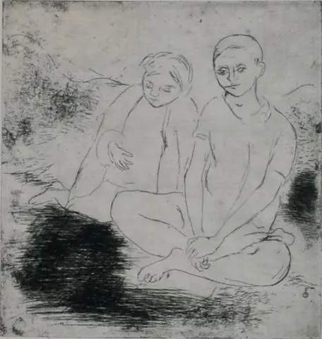 Gravura em preto e branco de figura feminina e masculina sentados, paisagem natural abstrata ao fundo.