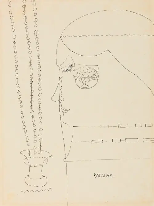 Desenho preto e branco com vaso, corrente e figura humana.
