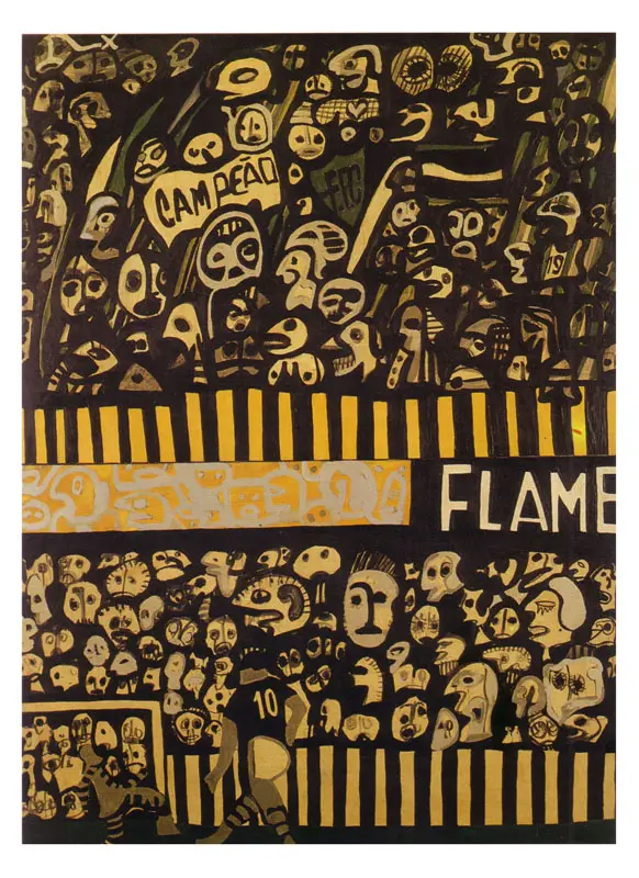 Pintura abstrata com rostos e palavras em preto, amarelo e marrom.