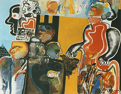 Pintura colorida com figuras humanas abstratas e formas geométricas vibrantes.