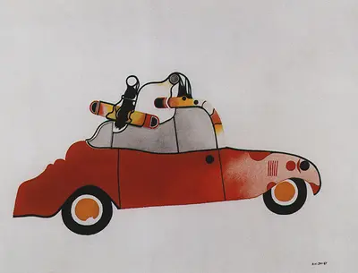 Carro antigo vermelho com figuras humanas brancas no teto.