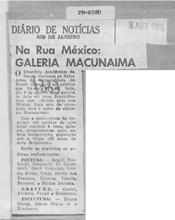 Jornal preto e branco de 1959 anuncia exposição de arte brasileira.
