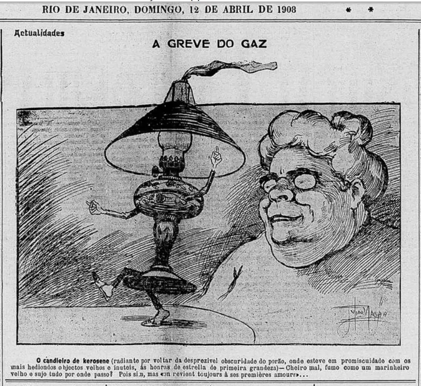 Candeeiro de kerosene com figura dançante, caricatura de mulher ao lado.
