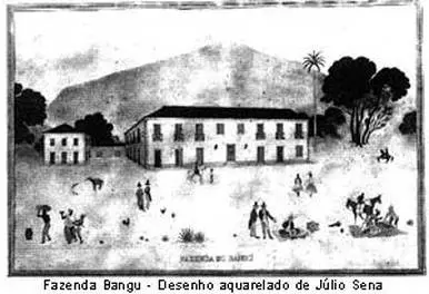 Gravura preto e branco de edifícios e área aberta com pessoas.