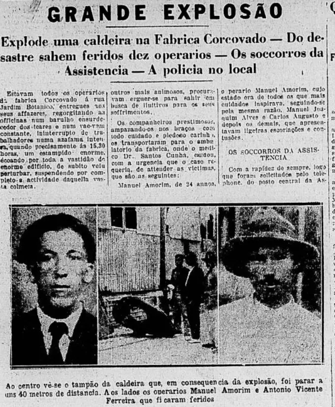 Jornal antigo em preto e branco sobre explosão em fábrica.