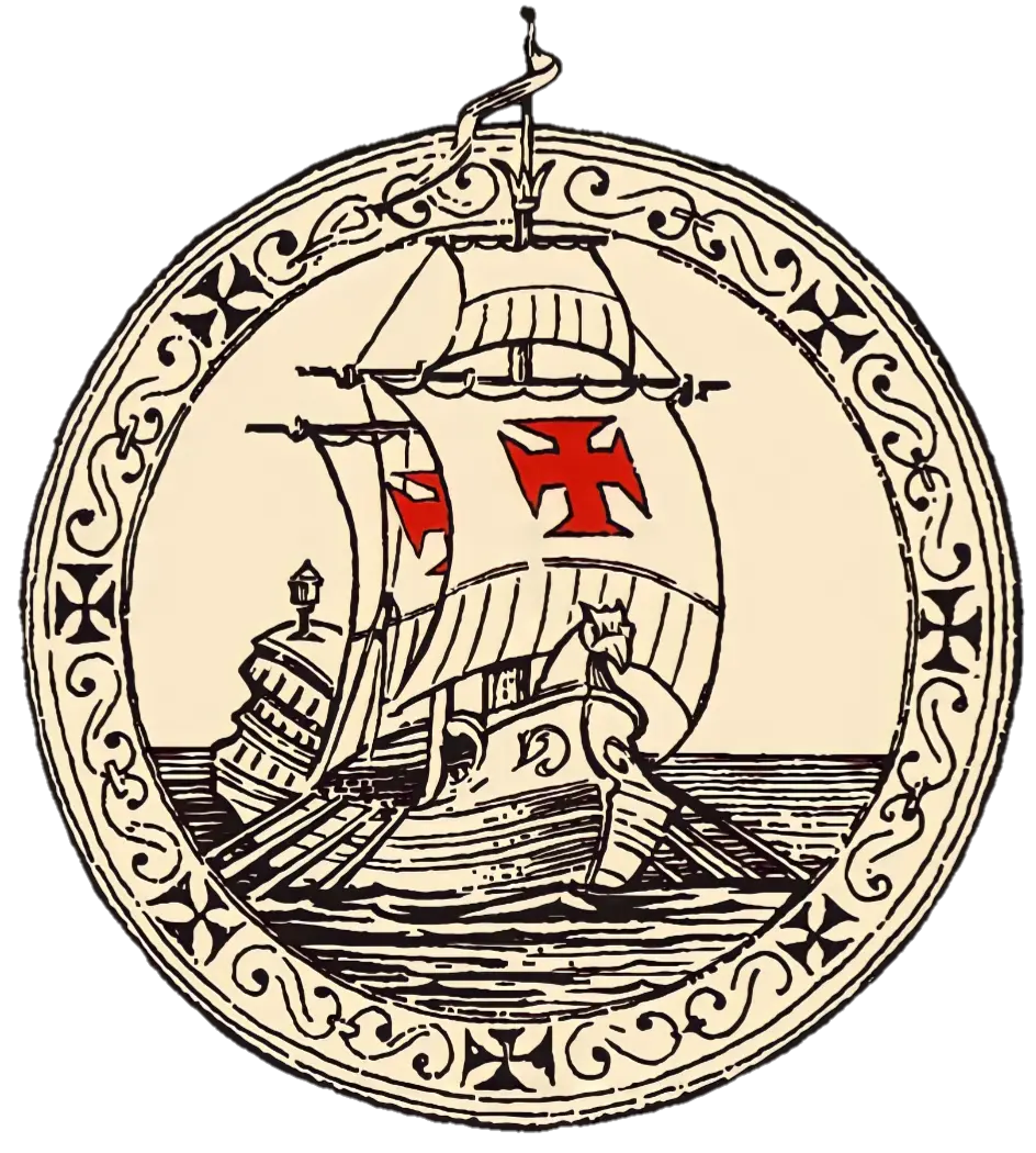 Navio com velas vermelhas e cruz, navega sobre água com ondas, torre de farol ao fundo.
