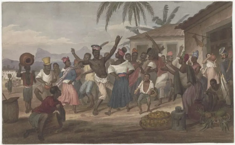 Pintura vibrante de festa em aldeia com dança e celebração.
