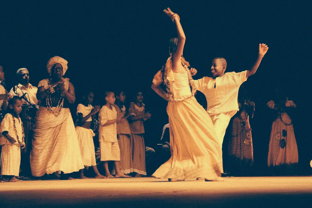 Grupo de pessoas em trajes tradicionais durante evento cultural, com dança em destaque.