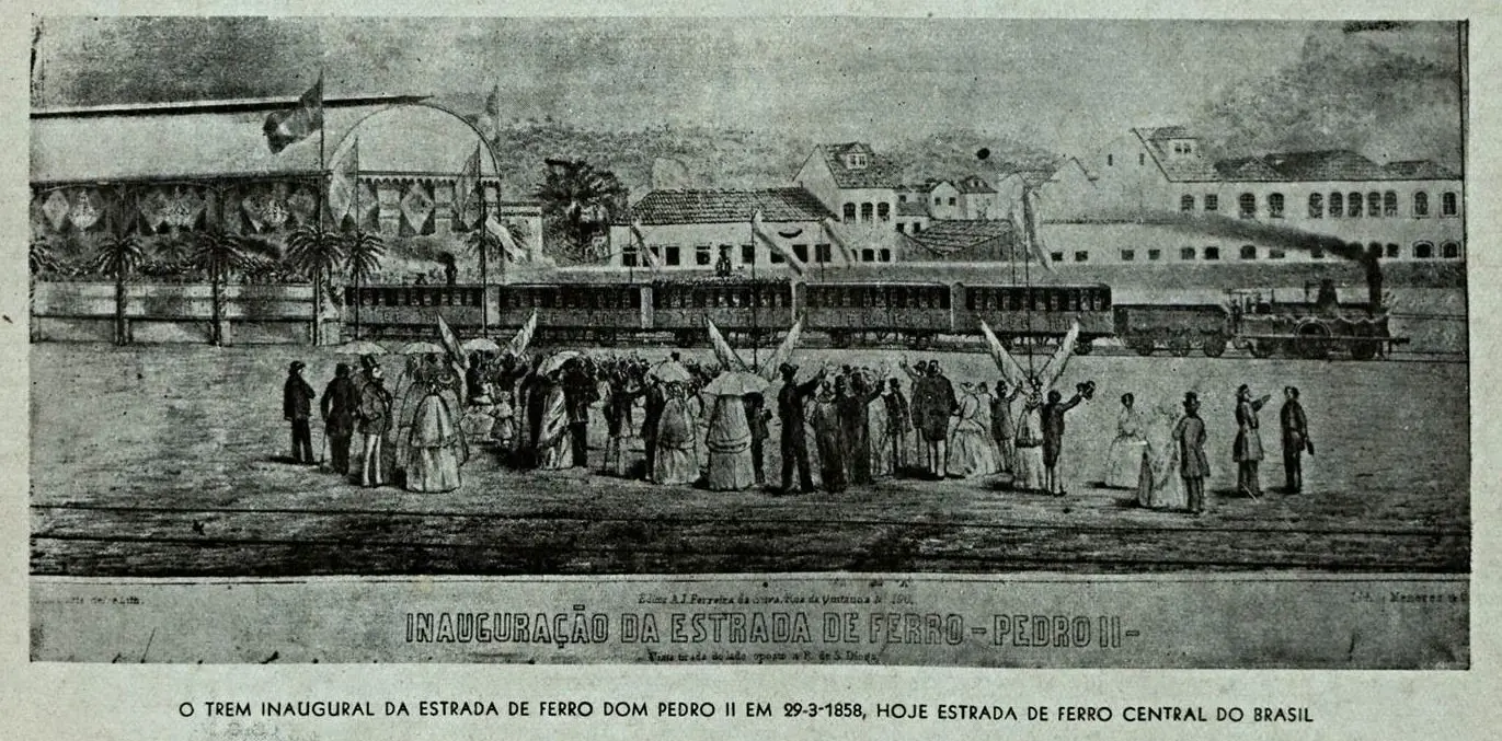 Gravura preto e branco da inauguração da Estrada de Ferro Dom Pedro II em 1858.