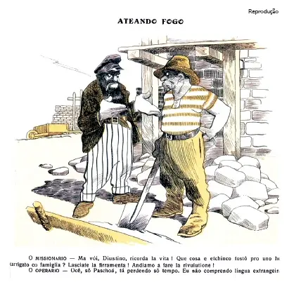 Ilustração colorida de dois personagens em um cenário rural.