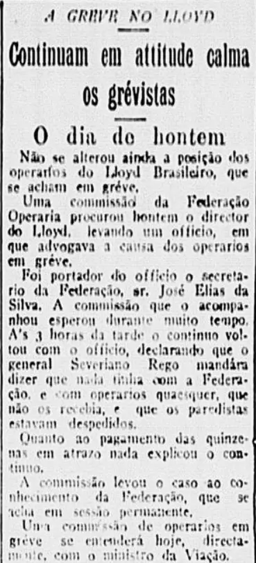 Jornal em preto e branco sobre greve dos operários do Lloyd Brasileiro.