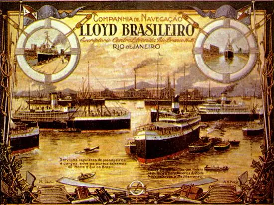 Gravura colorida de navios no porto da Lloyd Brasileiro.