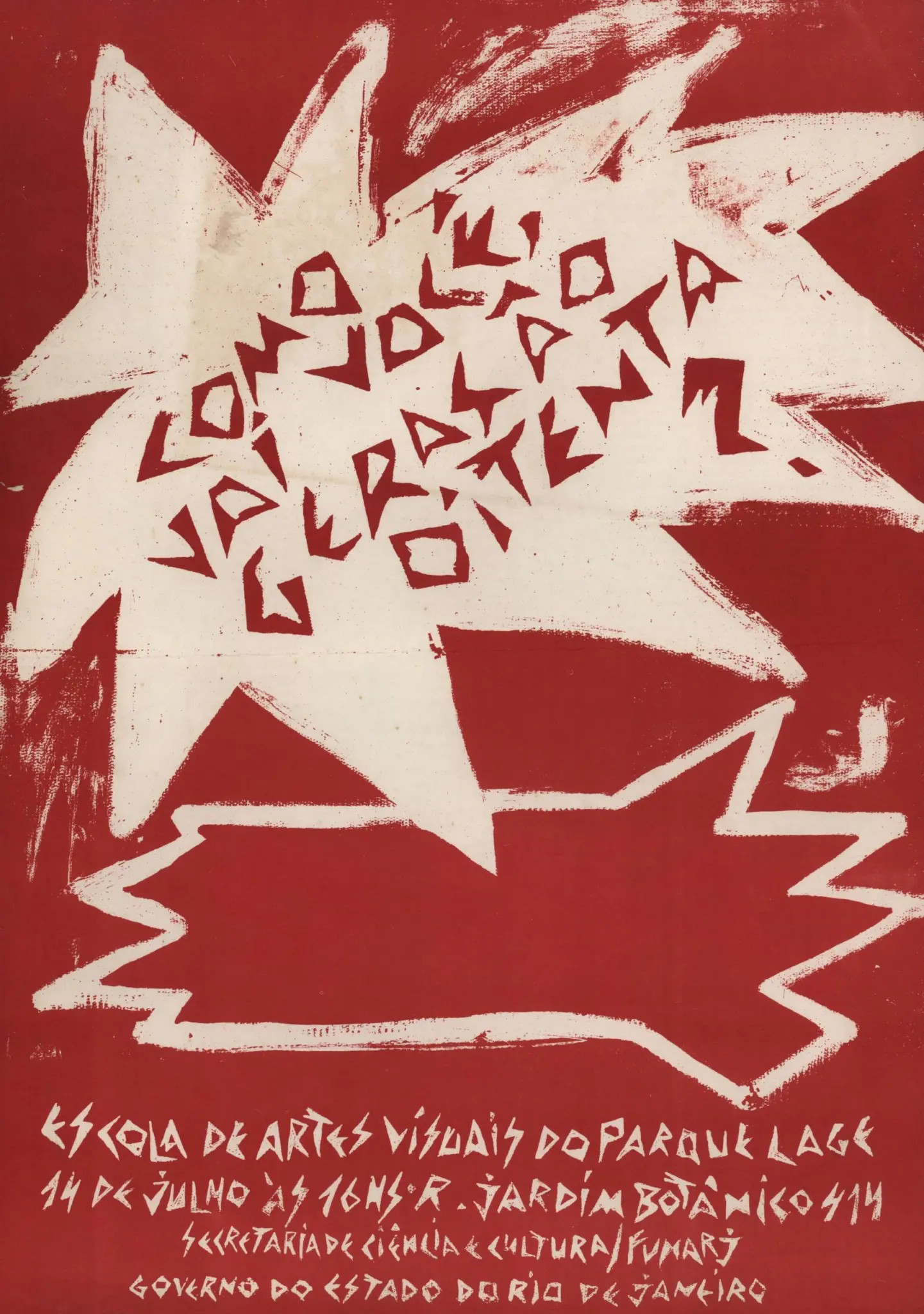 Cartaz vermelho com árvore abstrata e evento em 14/7.