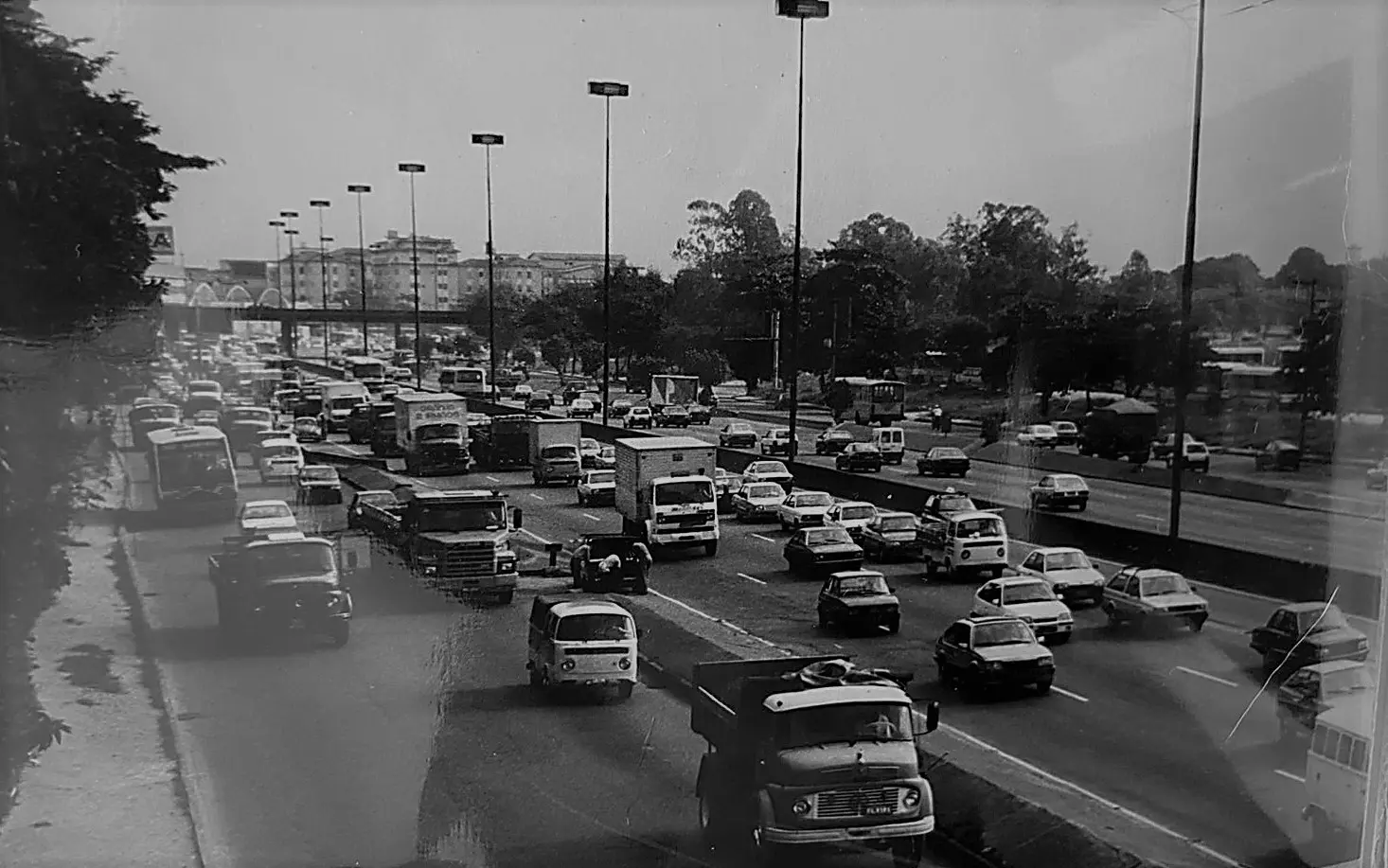 Avenida movimentada com carros e árvores.