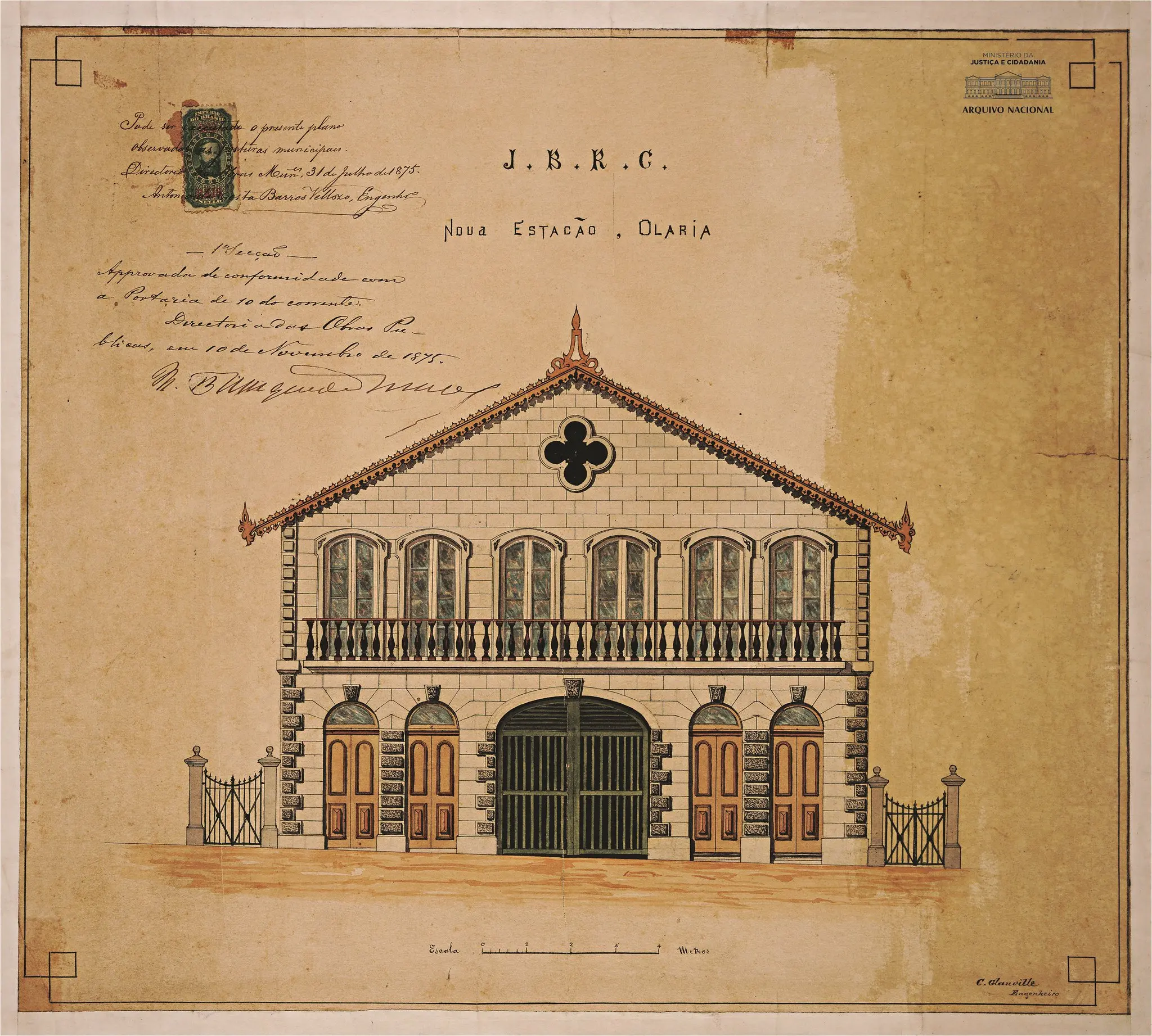 Edifício histórico em sepia, possivelmente estação ferroviária de 1875.