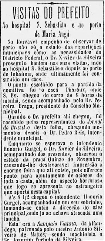 Jornal antigo detalha visitas do prefeito ao hospital São Sebastião e ao porto de Maria Angélica.