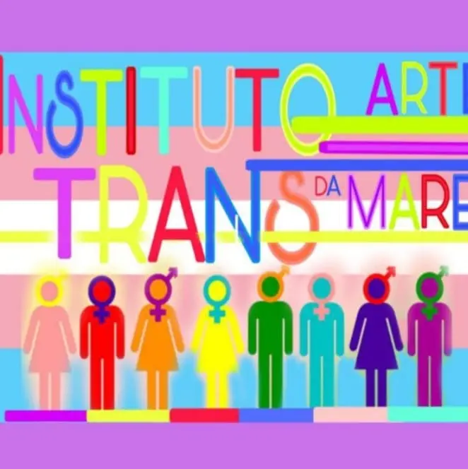 Cartaz com faixa colorida, texto "INSTITUTO ARTIS TRANS DA MARE", figuras humanas masculino e feminino em cores variadas.