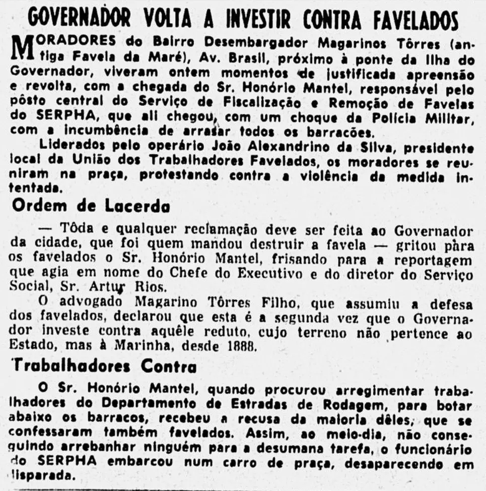 Jornal em preto e branco destaca conflito entre governador e favelados.