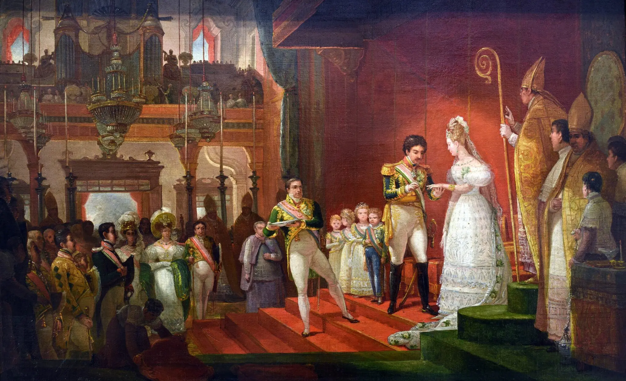 Cerimônia de casamento real em salão grandioso, com troca de alianças e figura religiosa.