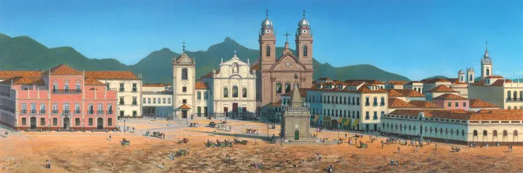 Pintura de praça histórica com edifícios e igreja.
