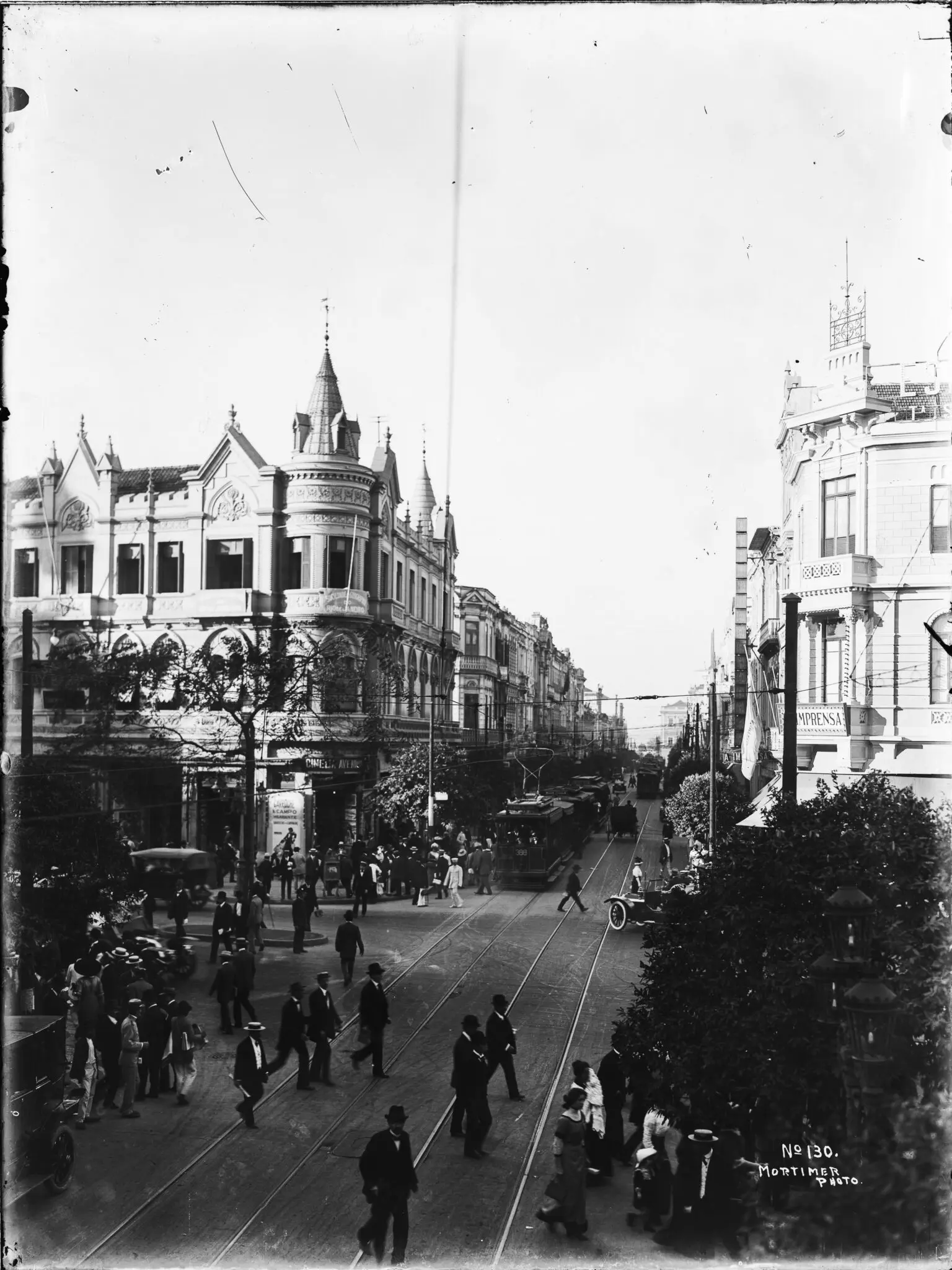 Uma avenida movimentada do início do século XX com transporte público e arquitetura ornada.