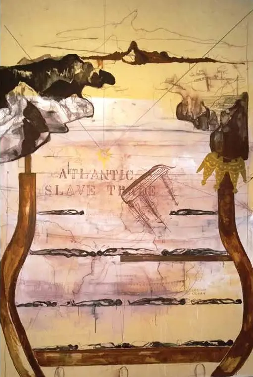 Pintura do tráfico atlântico de escravos, mostrando mortos pendurados e navio carregando escravos.