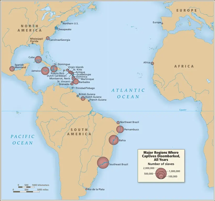 Mapa ilustrado mostrando regiões de desembarque de escravos durante o tráfico.