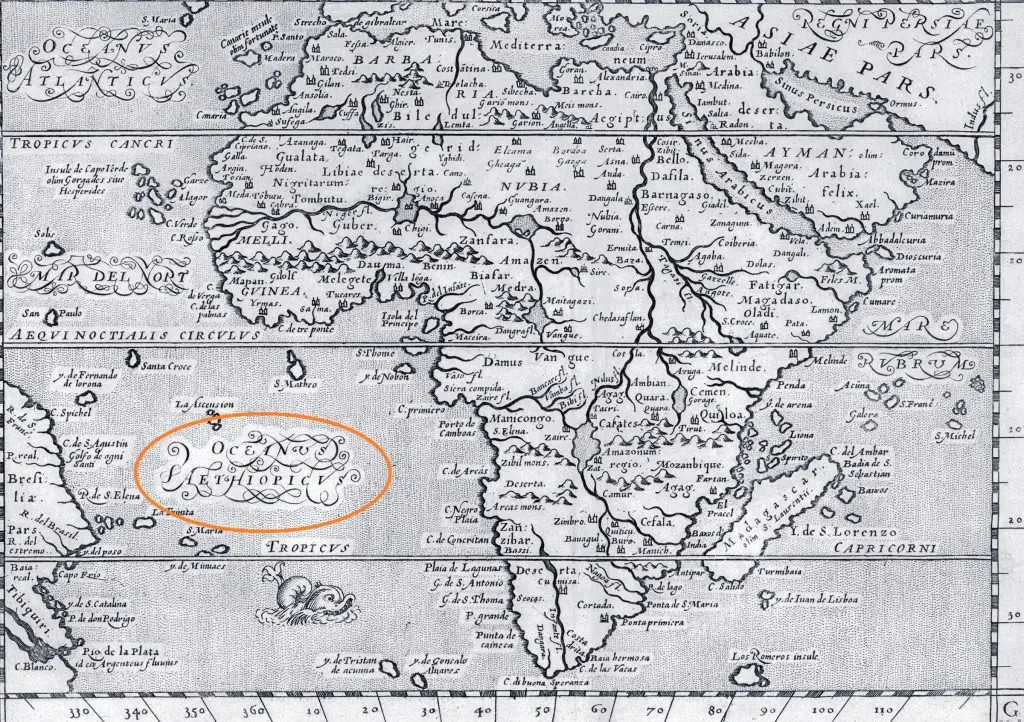 Mapa antigo com o Oceano Atlântico e o Oceano Etíope destacados.