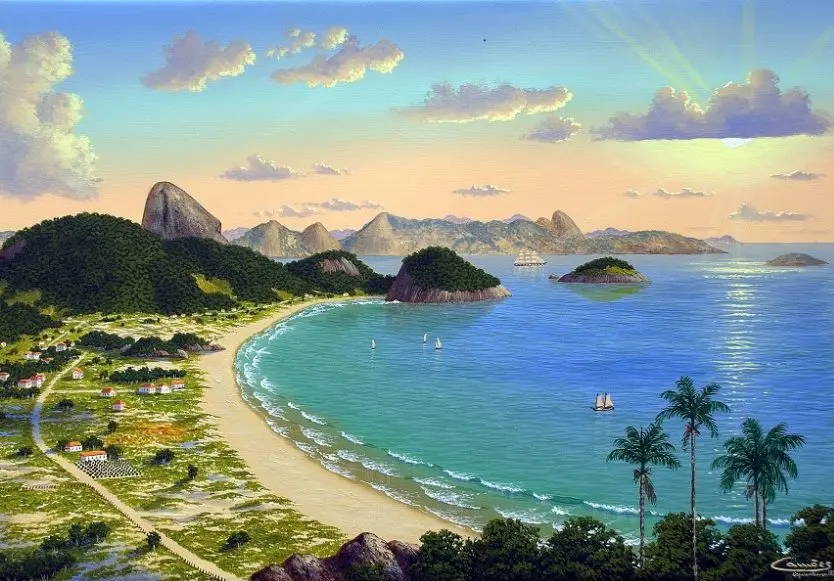 Paisagem costeira com casas, estrada, praia, ilhas e palmeiras.