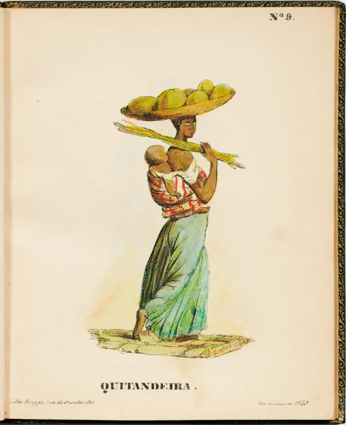 Mulher com avental colorido segurando frutas e bebê, fundo branco com número "9".
