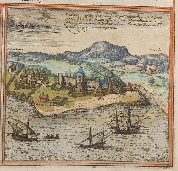 Gravura antiga de cidade costeira com aldeia, castelo, montanha e barcos.