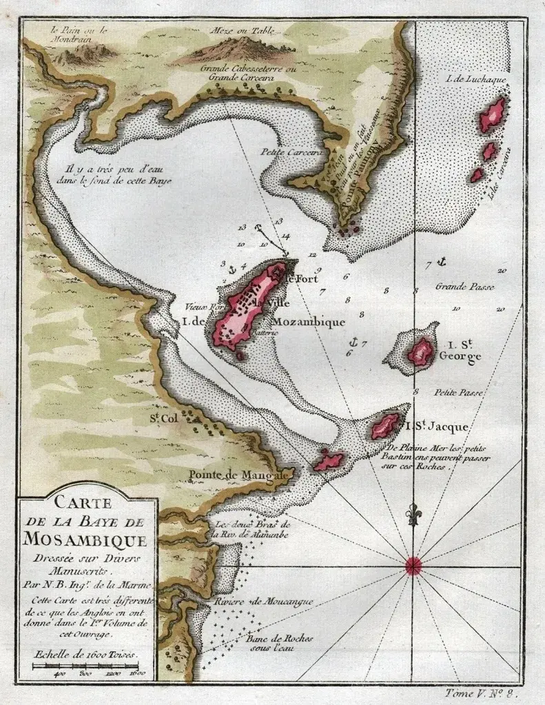 Mapa antigo da Baía de Moçambique mostrando ilhas e profundidades.