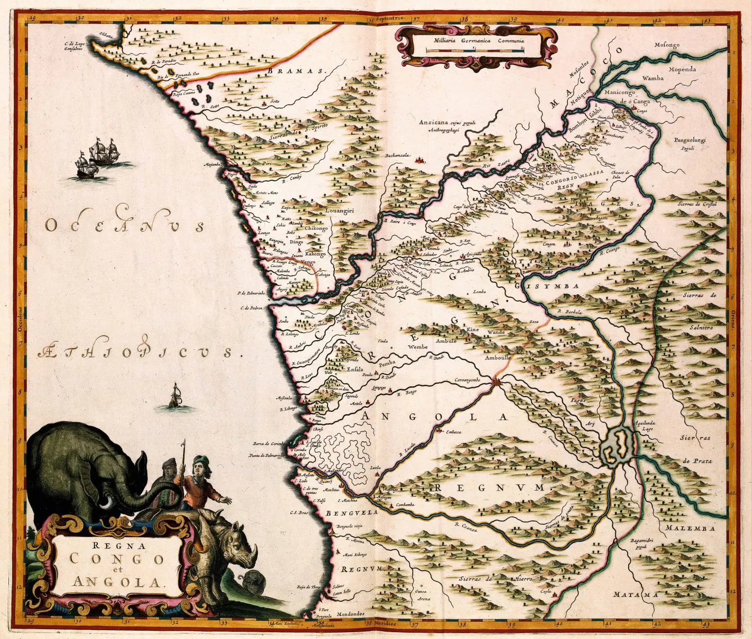 Mapa antigo com Oceanus à esquerda, territórios à direita, elefante e rinoceronte no canto inferior esquerdo.
