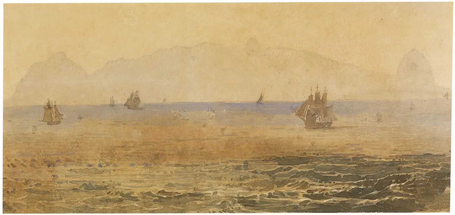 Pintura de mar calmo com embarcações e rochedos.