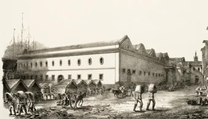Gravura preto e branco de construção com janelas arredondadas, porto e barracas de tendas.