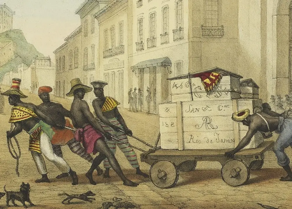 Pintura urbana com homens puxando carrinho e cachorros caminhando.