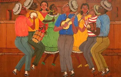 Pessoas dançando e tocando instrumentos em uma pintura.