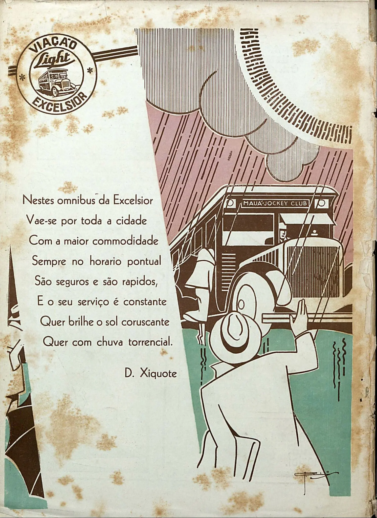 Cartaz publicitário em preto e branco destacando benefícios dos ônibus da Excelsior.