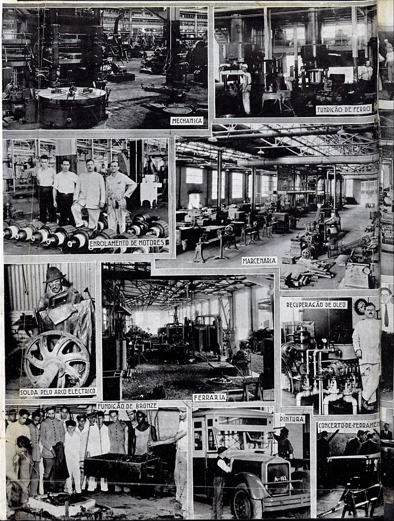 Fotografia preto e branco de uma fábrica industrial em vários ângulos.