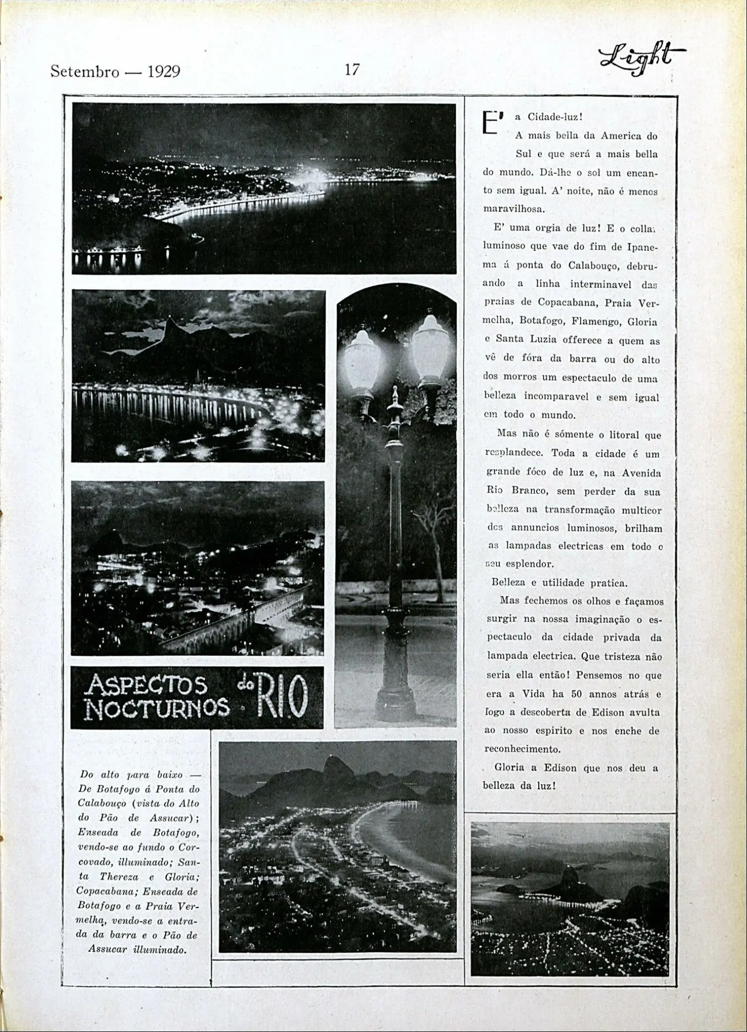 Página de jornal de 1929 com fotos noturnas de cidades e texto sobre Rio de Janeiro.