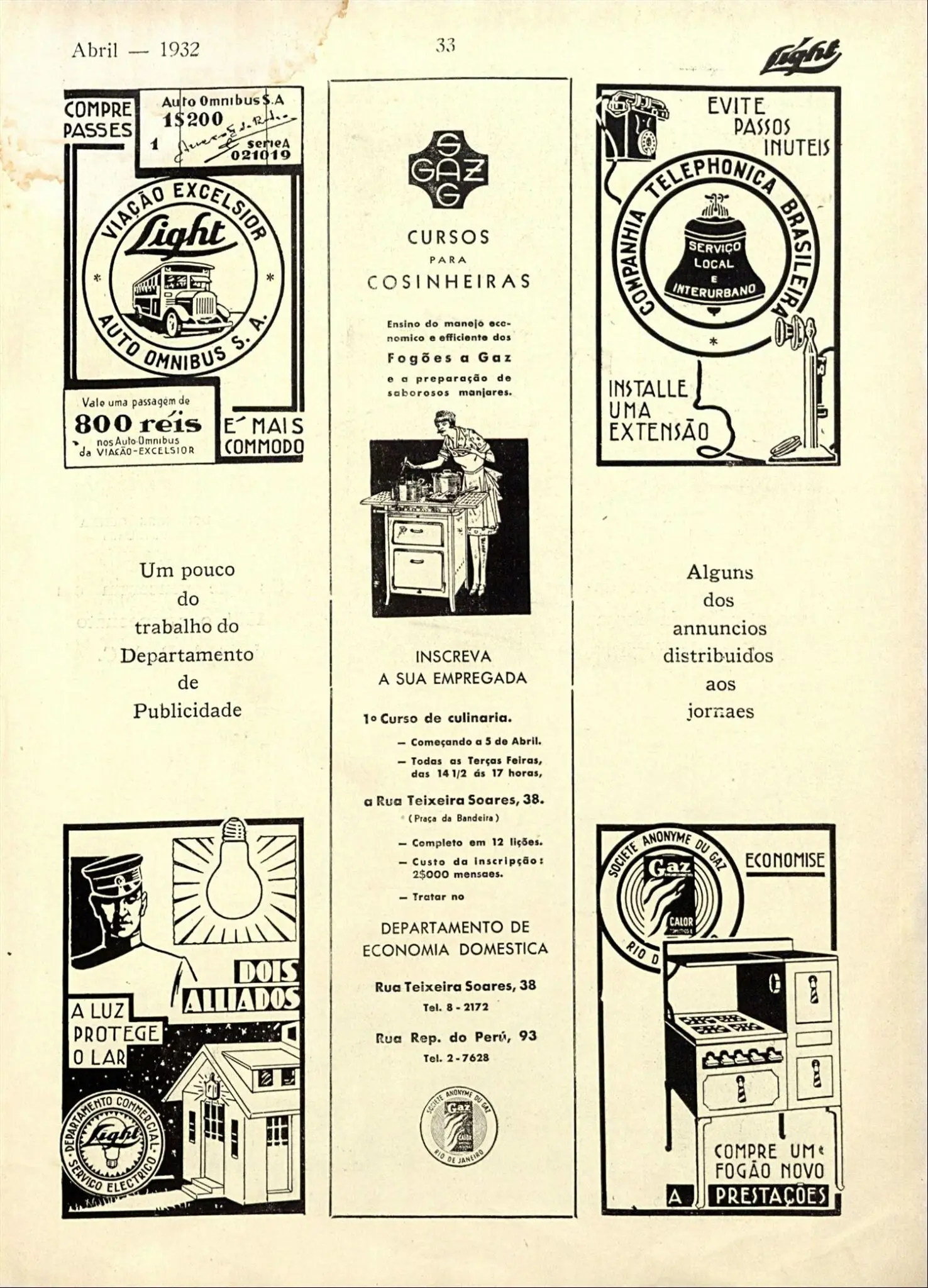 Cartaz publicitário de 1932 com anúncios variados sobre viagens, cursos e serviços.