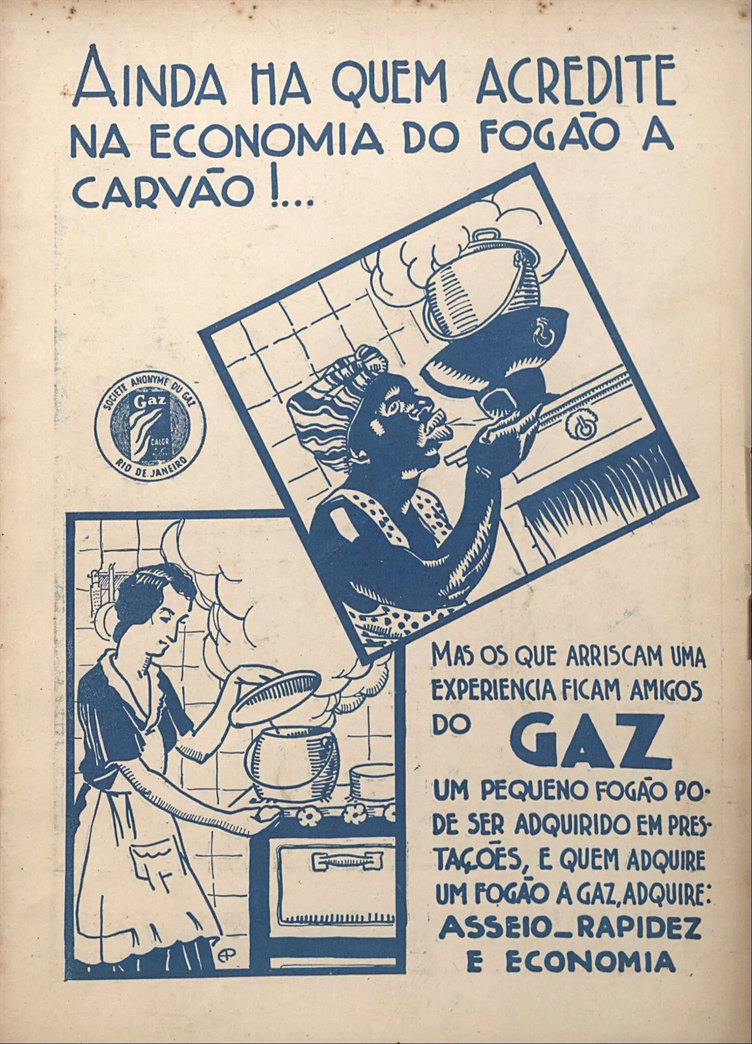 Cartaz em preto e branco sobre economia de fogões.