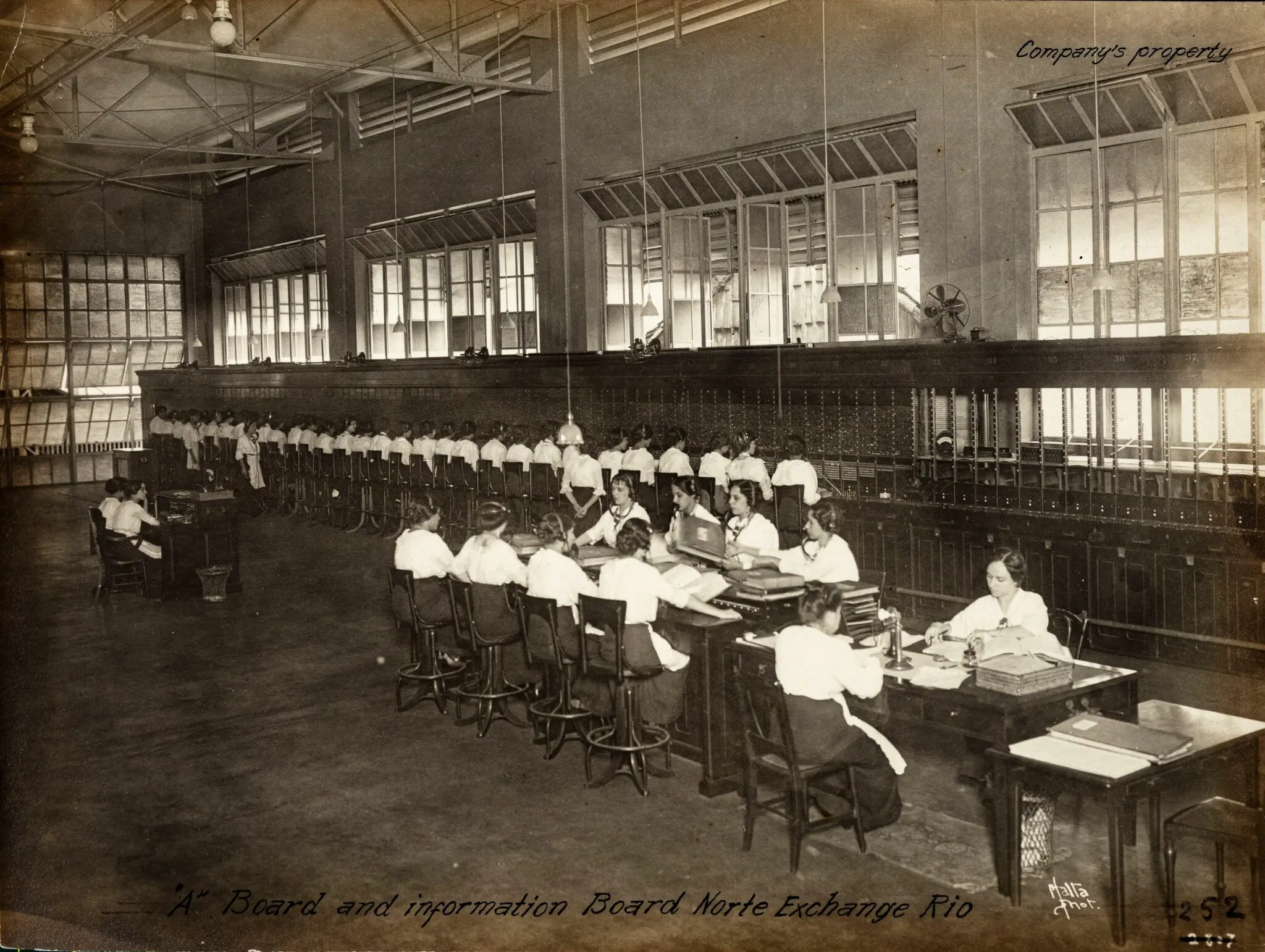 Mulheres em uniforme aguardam e trabalham em uma antiga central telefônica.